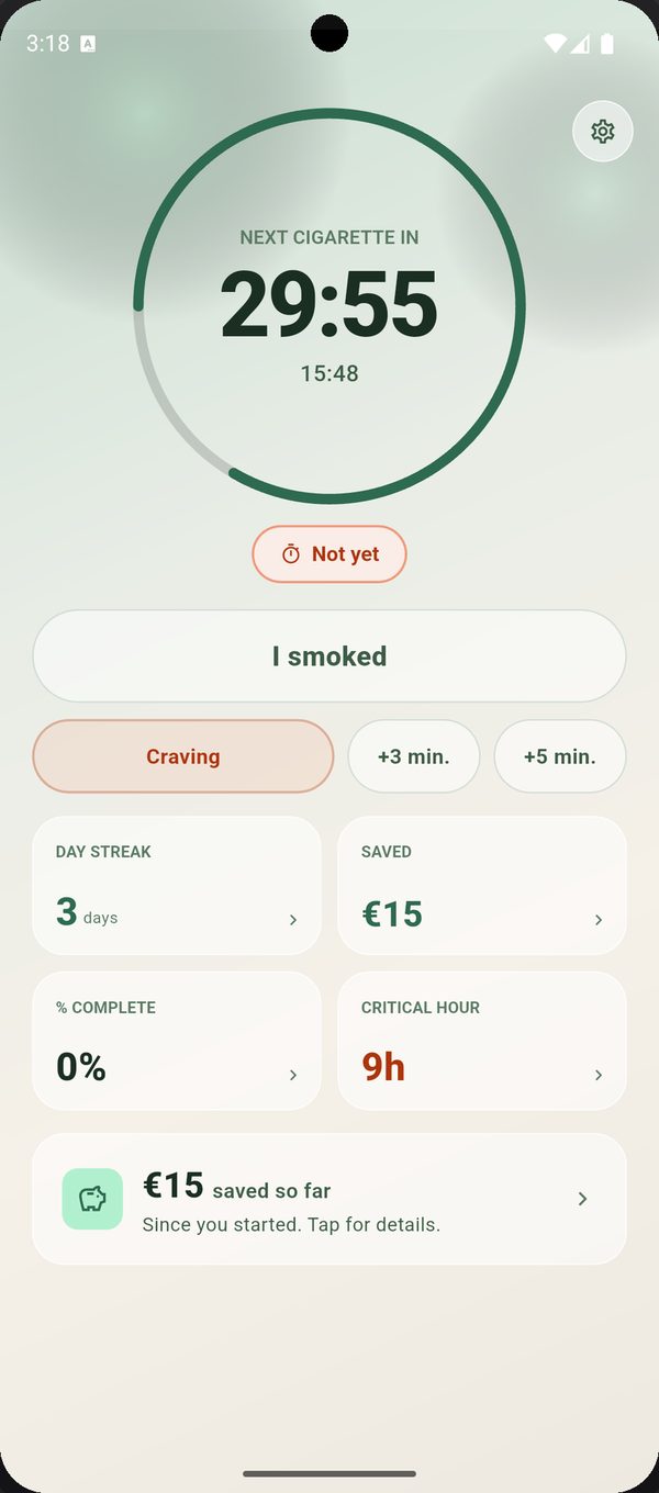 Home screen showing 29:55 until the next cigarette, allowed at 15:48