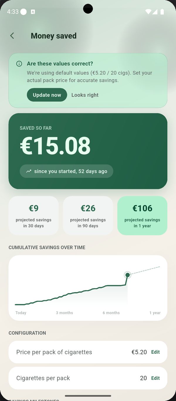 Money saved screen with savings so far and projections